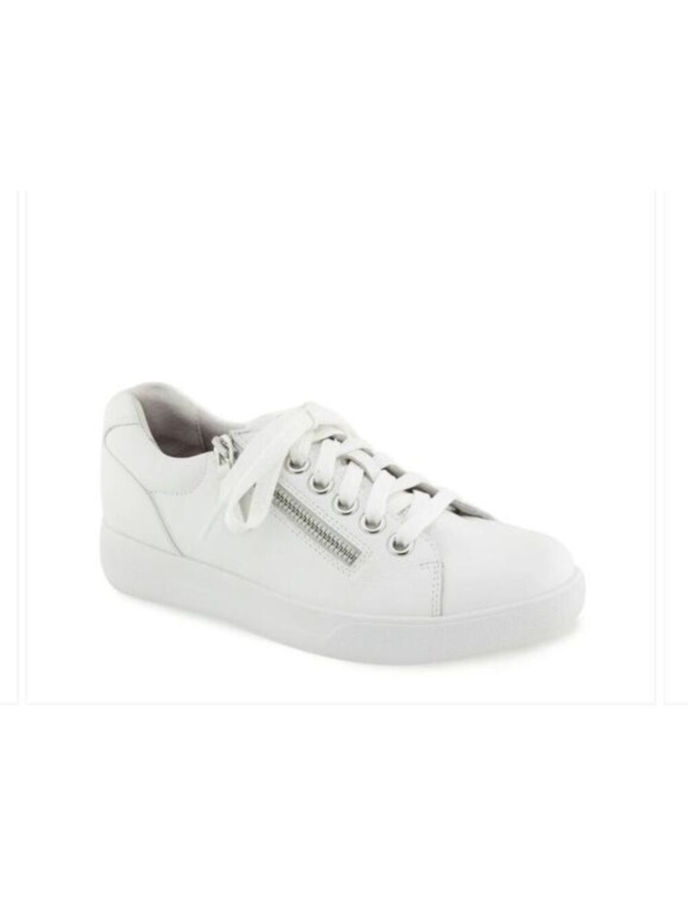 Munro White Leather Sneakers with Side Zipper - Women's Casual Comfort Shoes